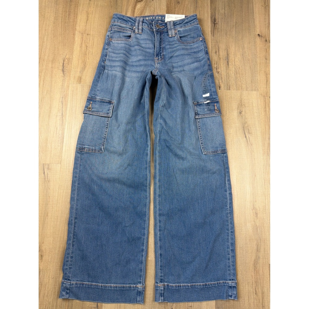 American Eagle Dreamy Drape Super High Rise Baggy Wide Leg Cargo Jean Blue 0 NWT